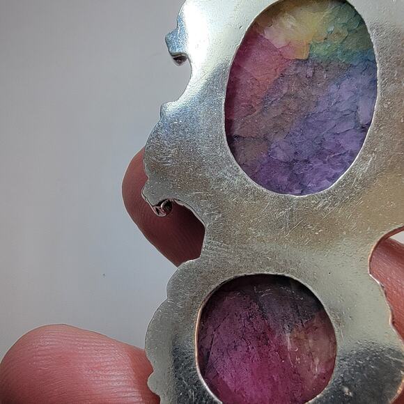 Necklace Pendants Rainbow Calsilica Double Gem in Ornate Sterling Silver Setting - Picture 9 of 10